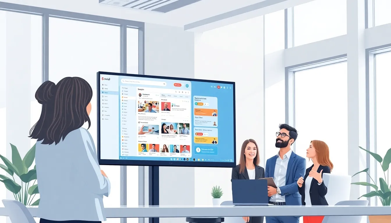 diverse professionals exploring the CloudySocial platform in a modern office.