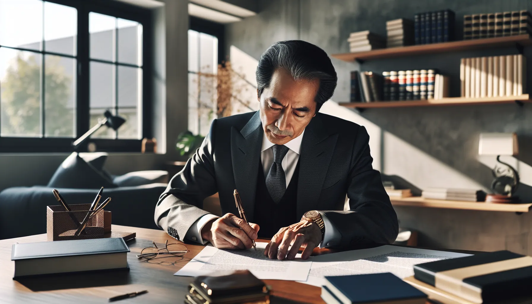 Person writing a handwritten will at a desk in professional setting.