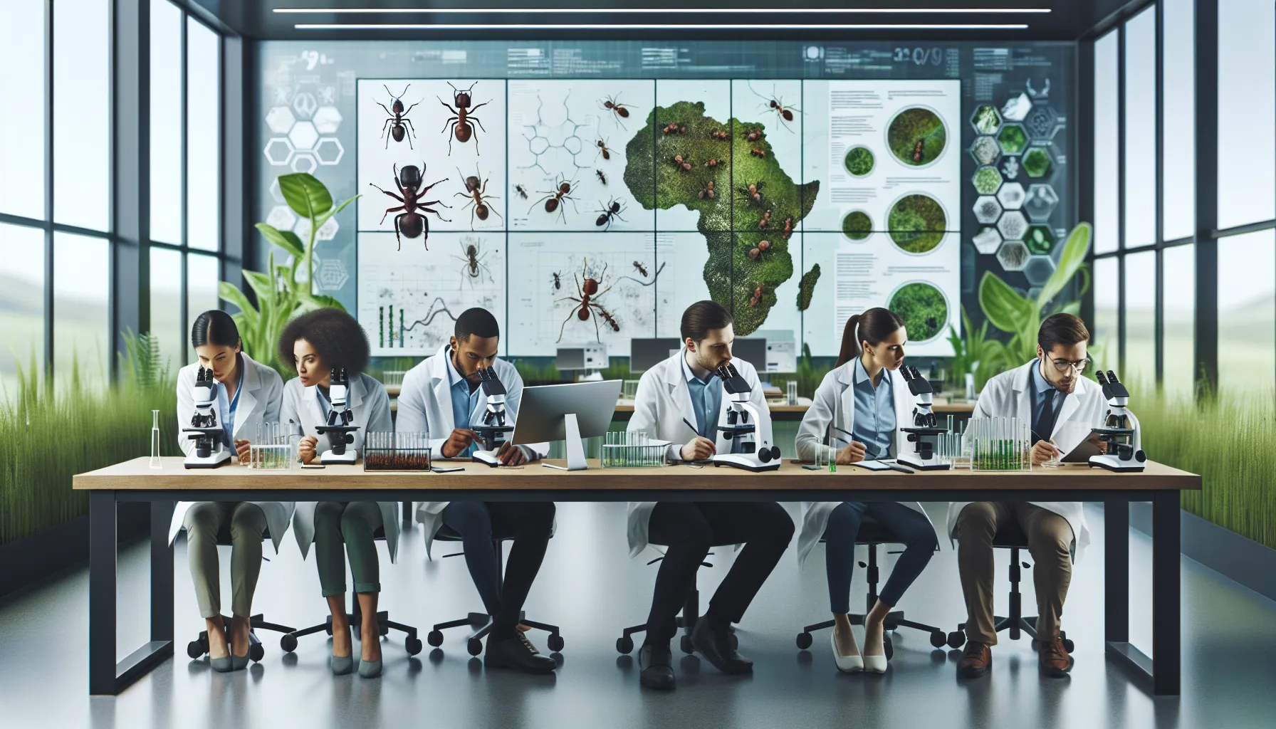 scientists studying ants in a modern laboratory.