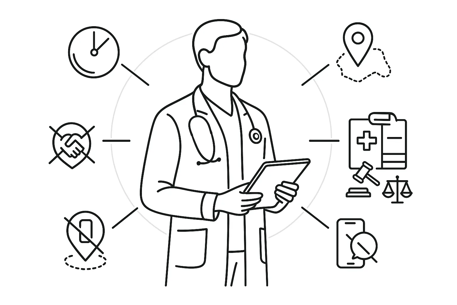 Physician assistant figure surrounded by icons for duration, geography, solicitation, scope, enforcement.