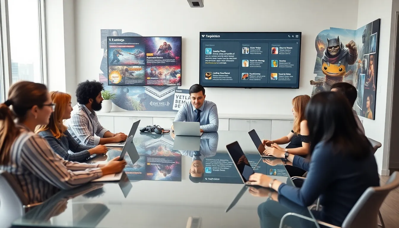 diverse team collaborating in a modern office for game development.