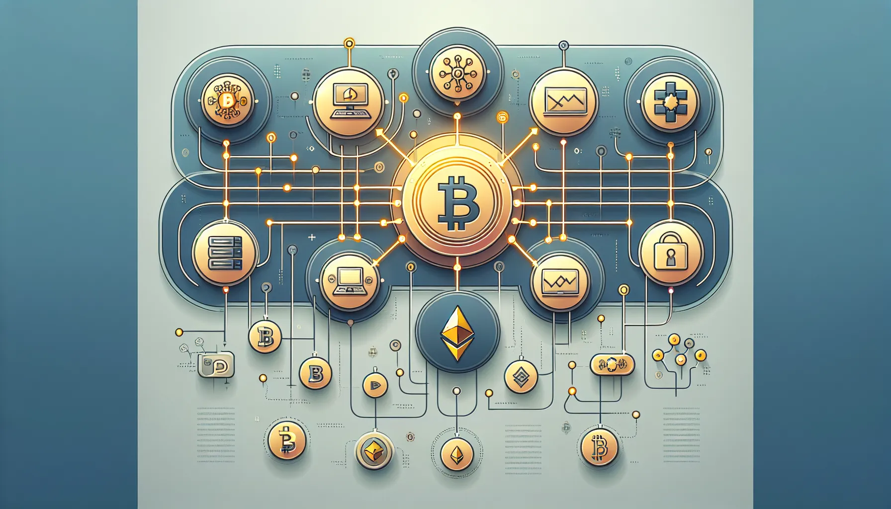 Layered infographic showing blockchain structure, cryptographic keys, and major cryptocurrencies like Bitcoin and Ethereum.