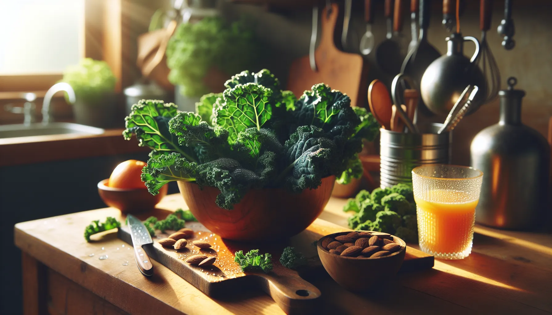 Fresh kale leaves on a kitchen counter, symbolic of healthy and nutritious meals.