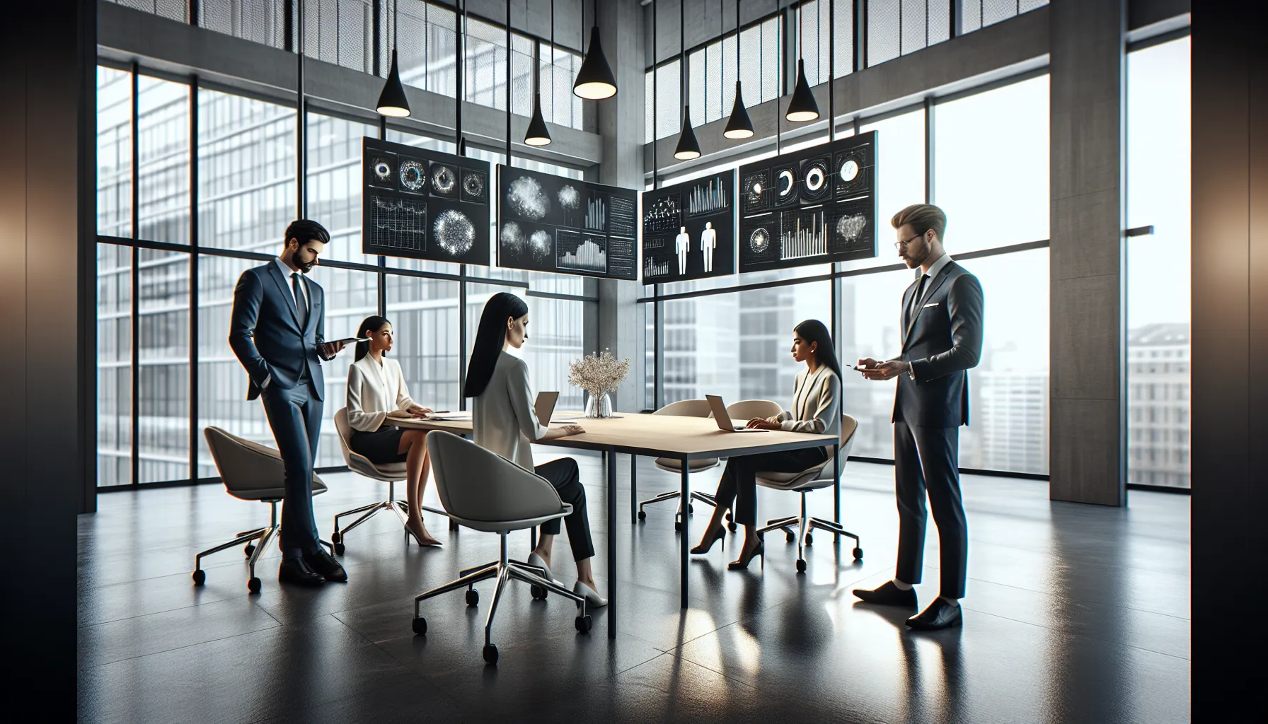 diverse team discussing data analytics in a modern office.