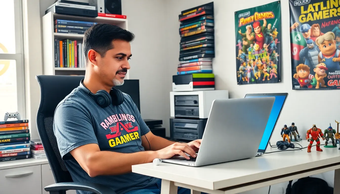 a man in a gaming-themed office, focused on his laptop with gaming memorabilia.