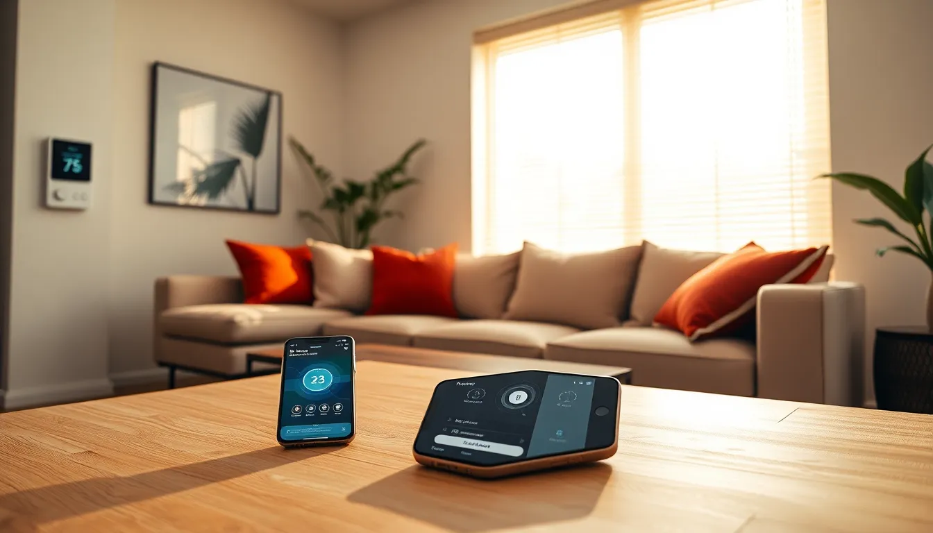 A modern living room featuring smart blinds and a smartphone on the table.