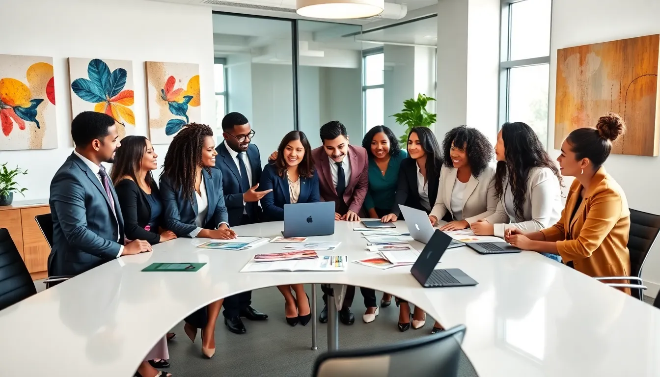 diverse team discussing initiatives in a modern office setting.