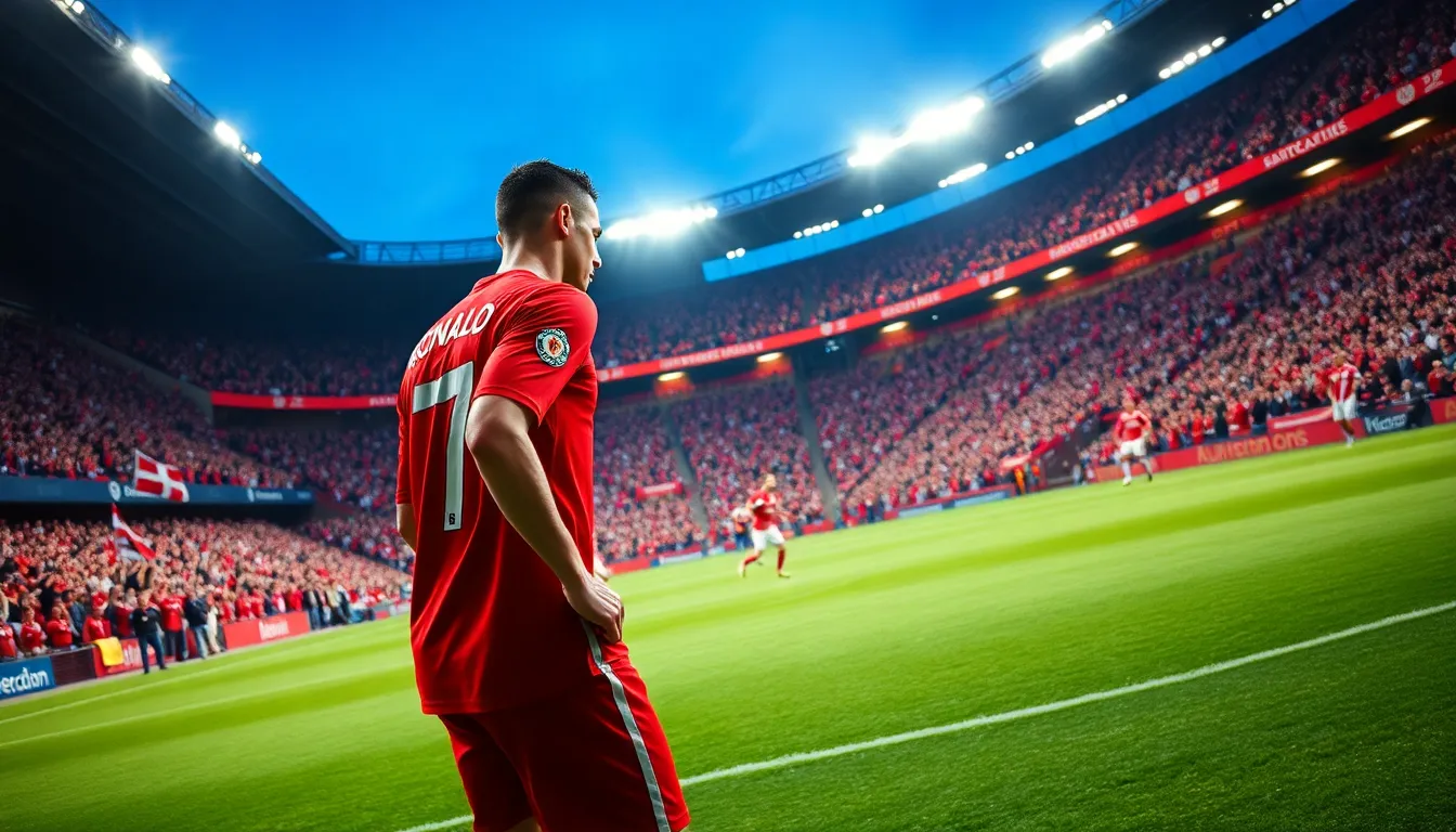 Cristiano Ronaldo preparing to take a free kick in a stadium filled with fans.