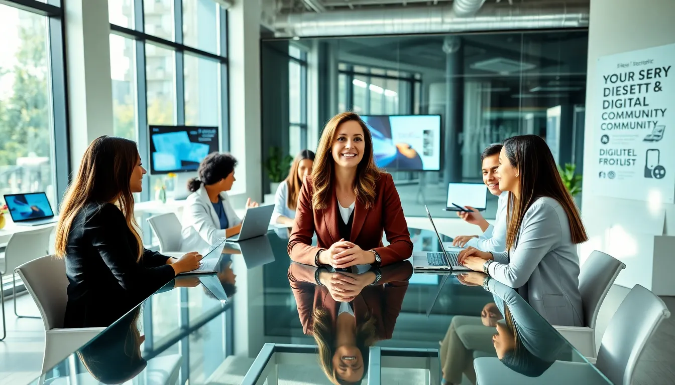 Stacy Klinger leading a discussion in a modern office setting.