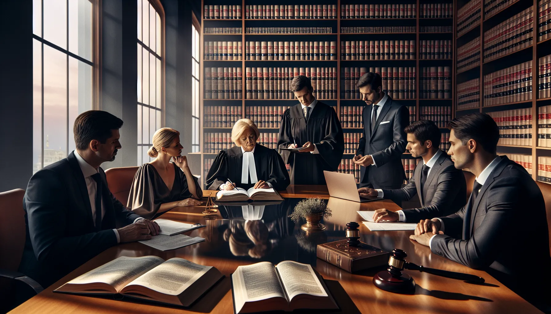 Croatian legal professionals discussing guardianship documents in a modern courtroom setting.