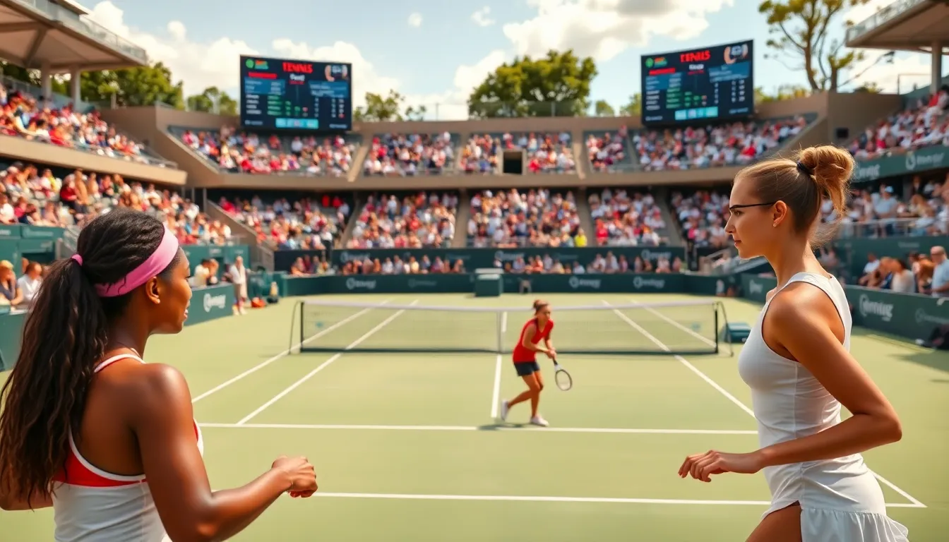 two female tennis players competing at a lively match in the US.