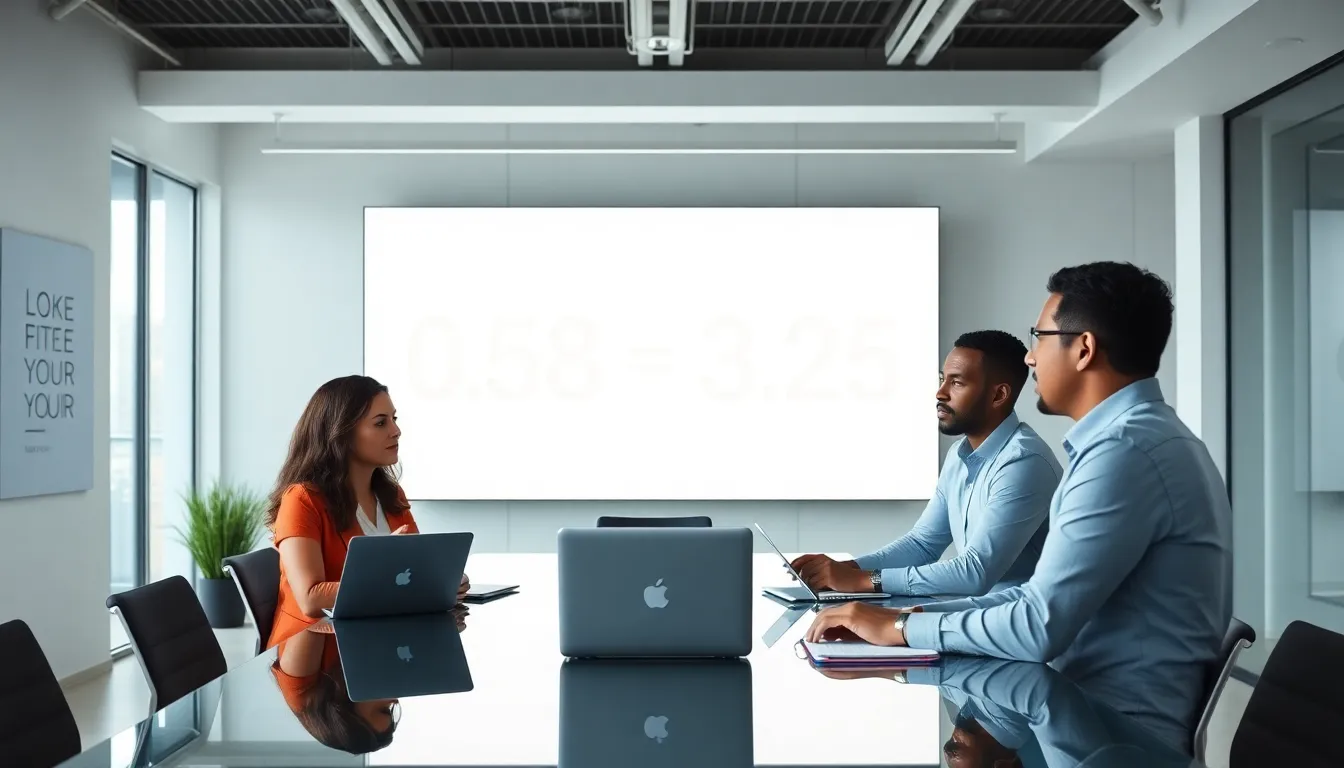 team discussing multiplication in a modern office.