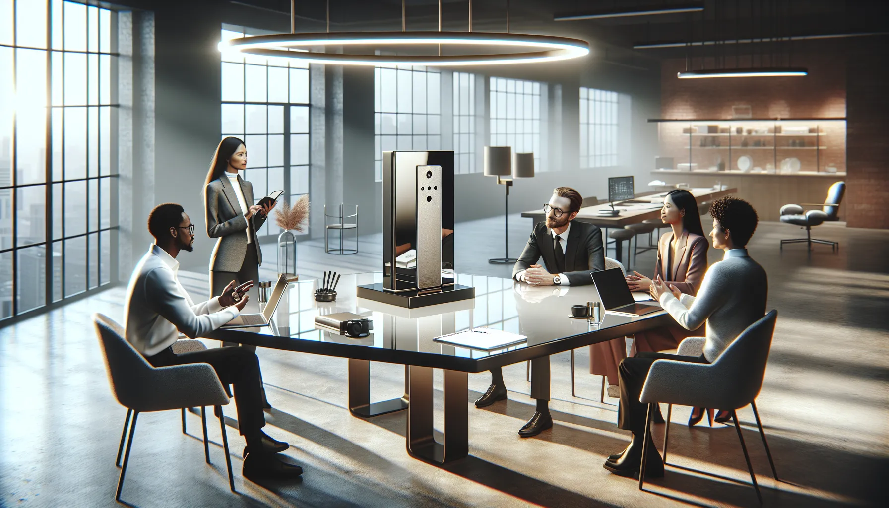 diverse professionals exploring the Drewser3870 gadget in a modern office.