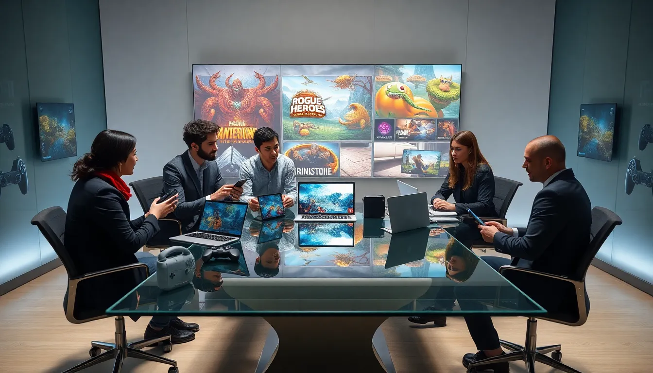 professionals discussing new games in a modern workspace.