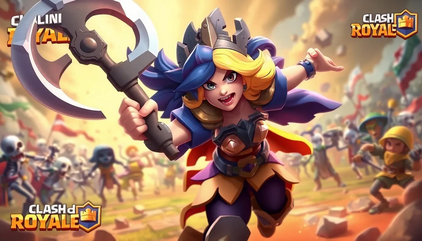 Valkyrie character from Clash Royale in action on a colorful battlefield.