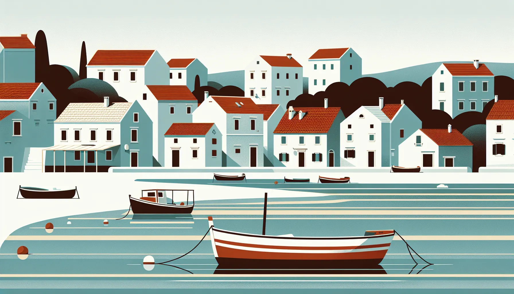Simple coastal Croatian village with white houses and fishing boats on calm blue sea