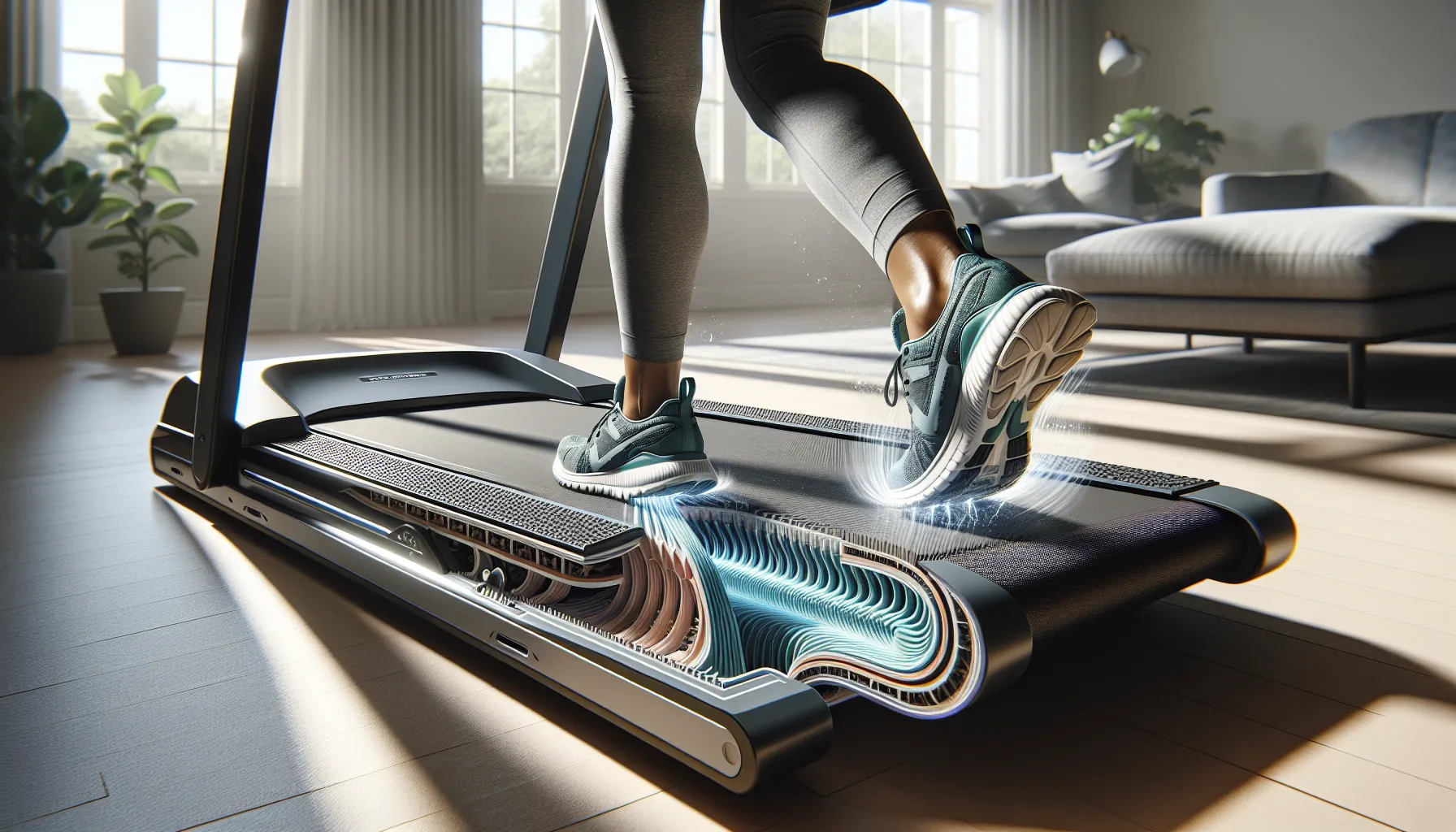 Cutaway of cushioned treadmill deck compressing under a walker’s heel.