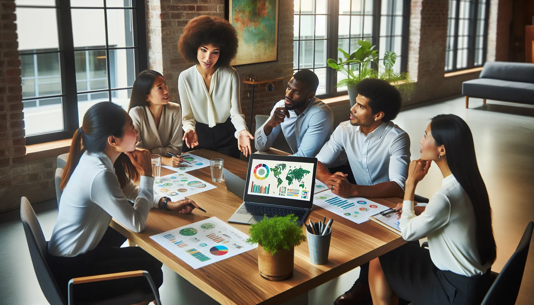 diverse professionals collaborating on eco-friendly projects in a modern office.