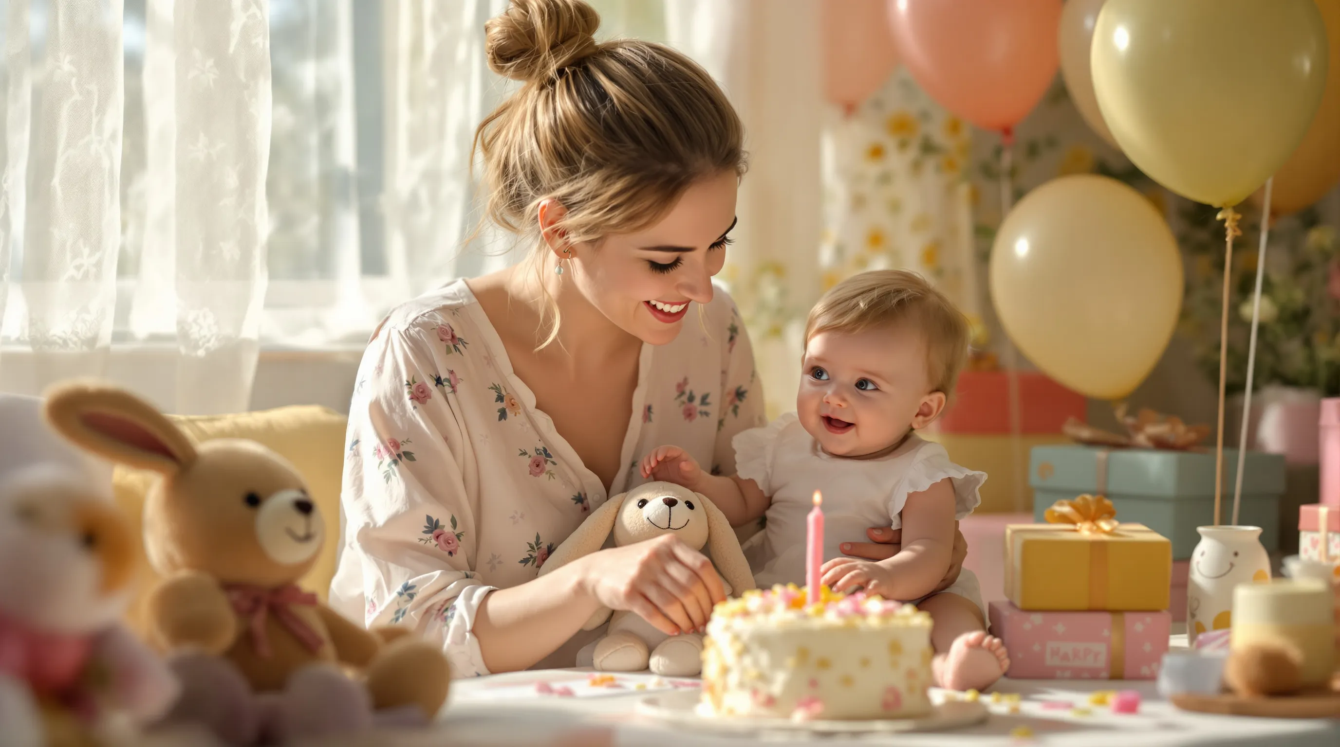 A mother and baby girl celebrating a first birthday at home.