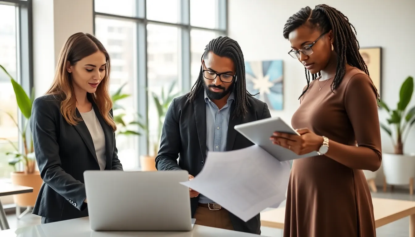three professionals collaborating in a modern office environment.