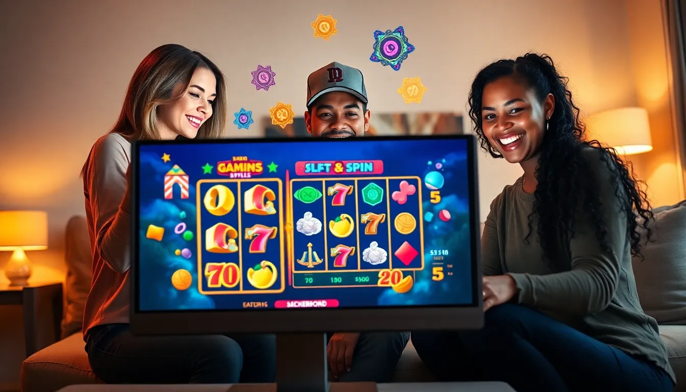 players engaging with a vibrant online slot game at home.