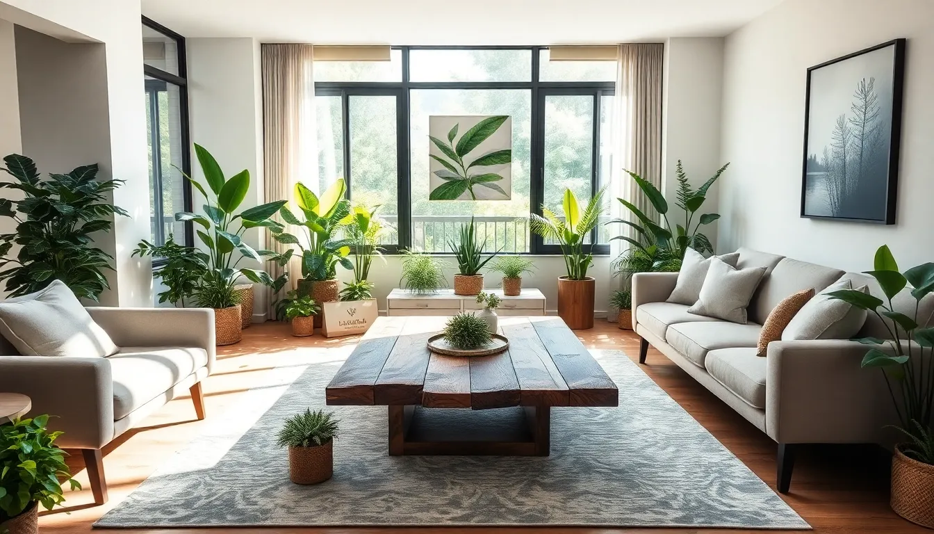 a modern living room with sustainable decor and greenery.