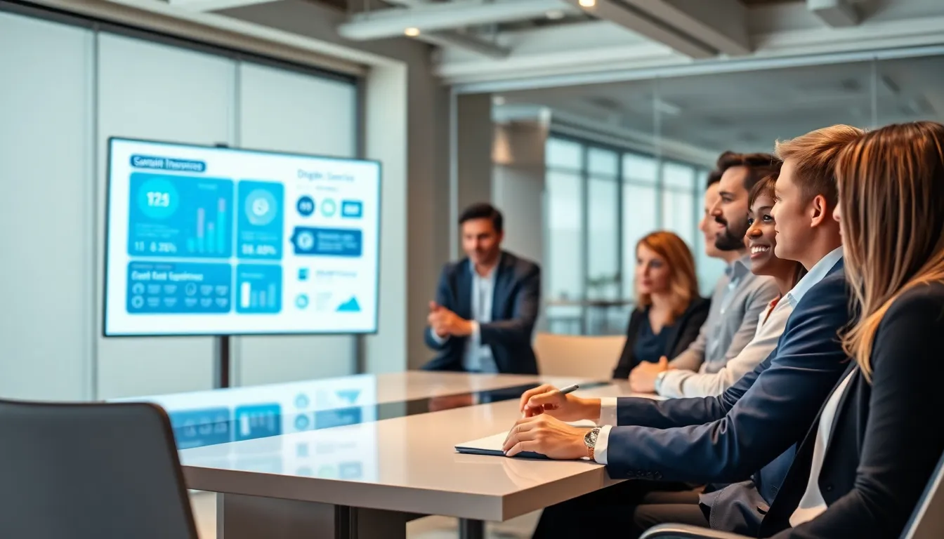 diverse professionals discussing digital innovation examples in a modern office.