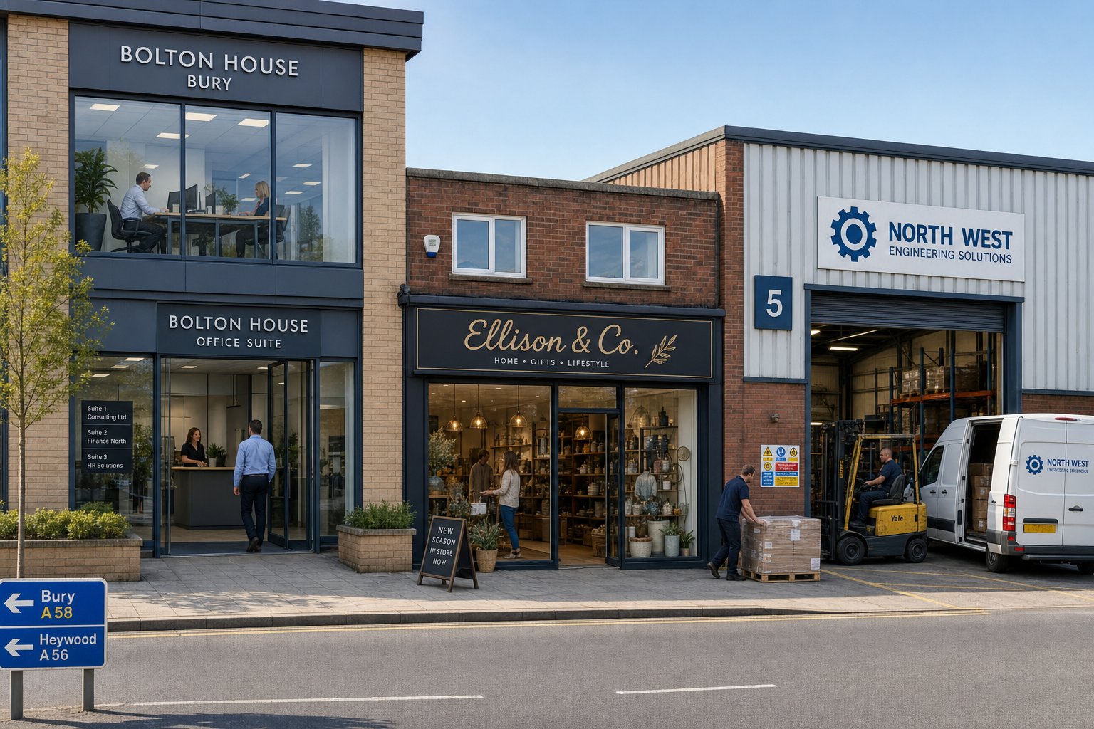 Office, retail, and light industrial business properties shown together in a realistic Bury commercial setting.