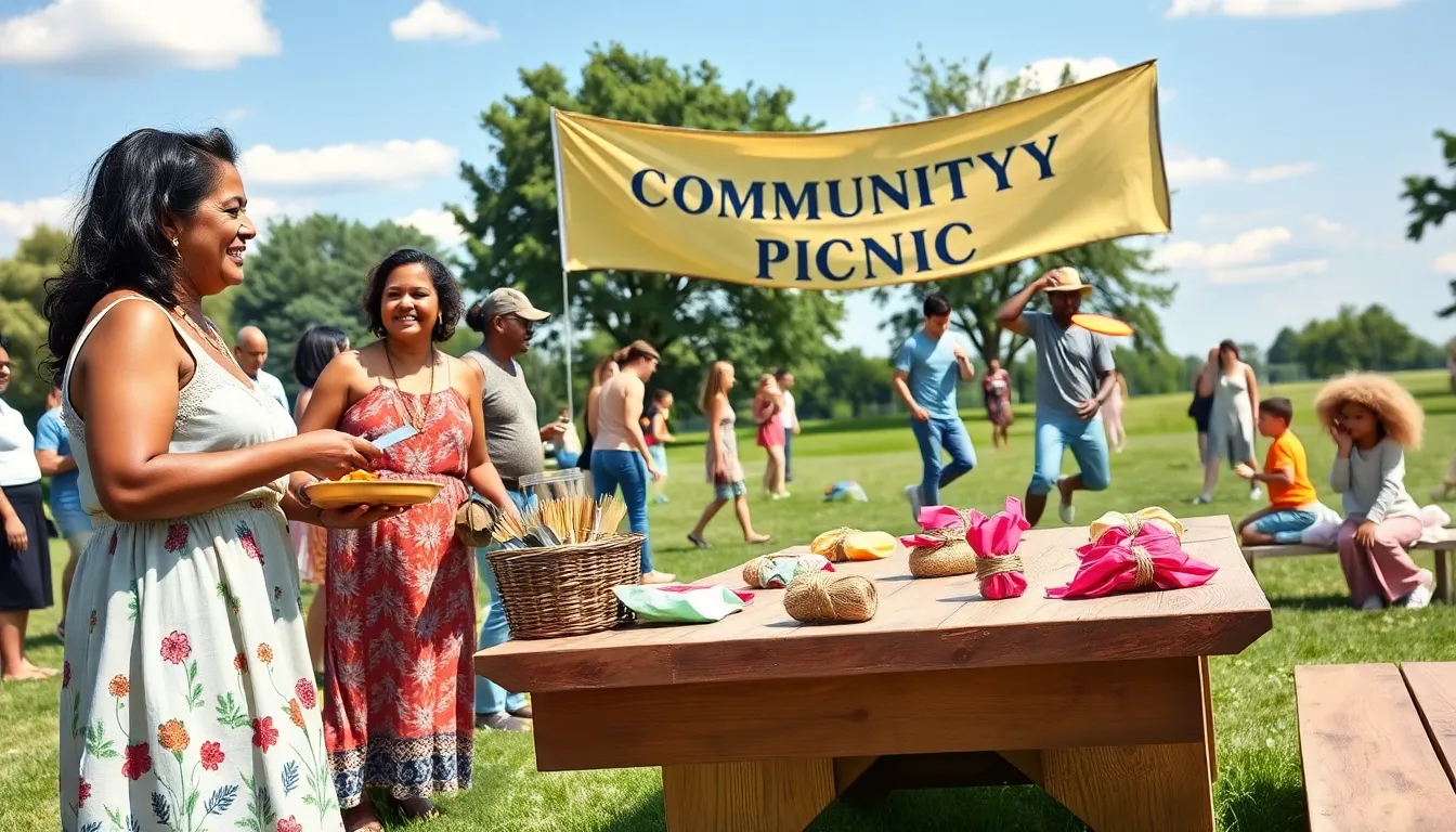 a lively community picnic organized to celebrate thrifty events in a park.