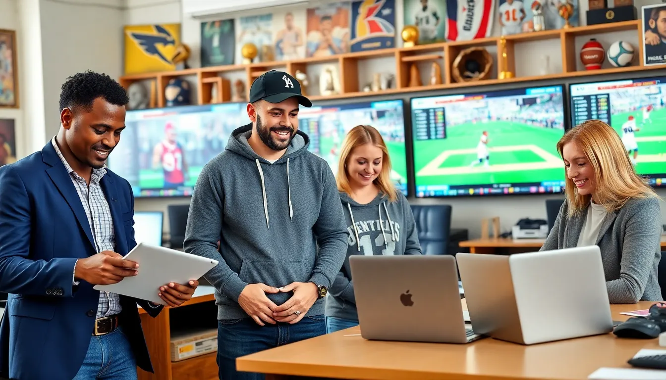 a busy sports newsroom with journalists discussing updates and displaying sports highlights.