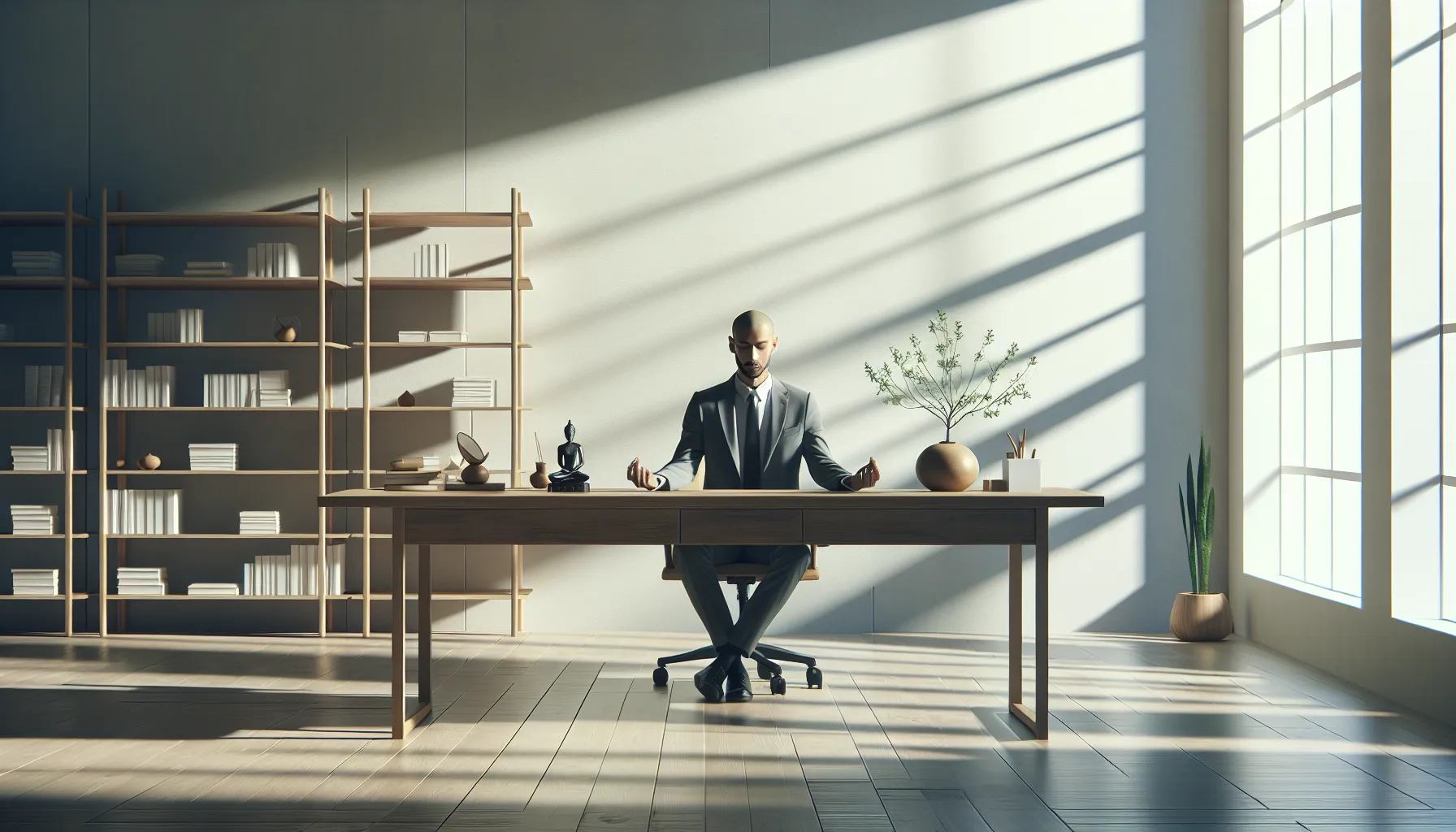 a person meditating in a minimalist office environment.