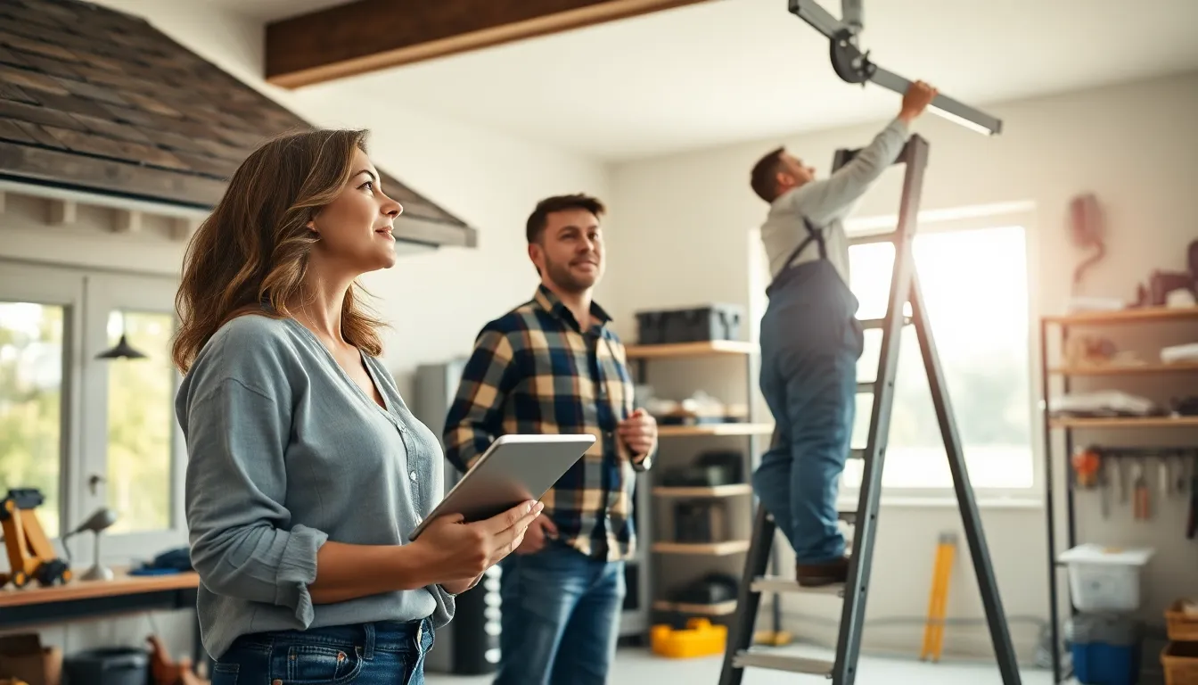 homeowners inspecting a roof and cleaning gutters together.