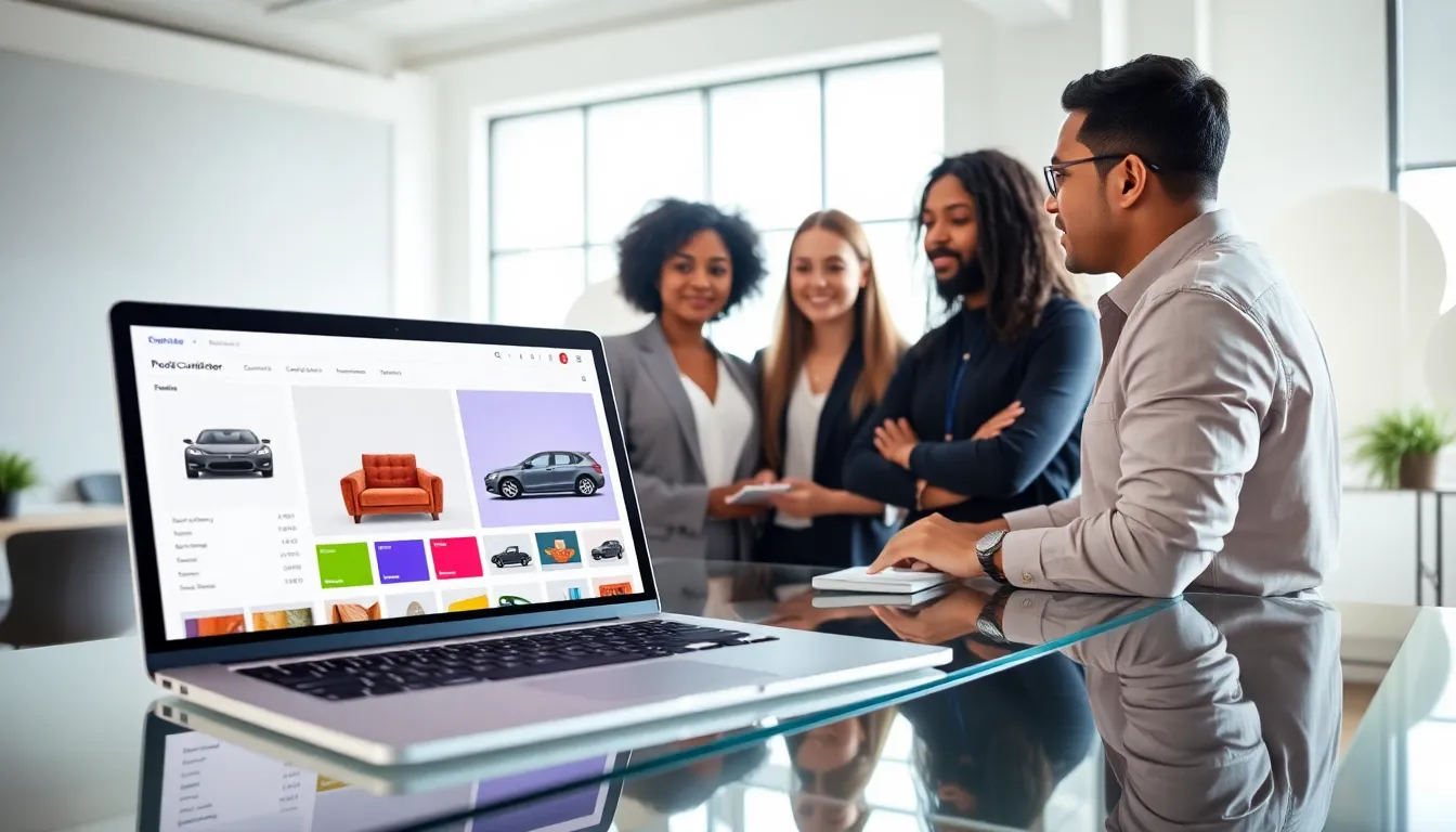 team discussing a product configurator tool in a modern office.