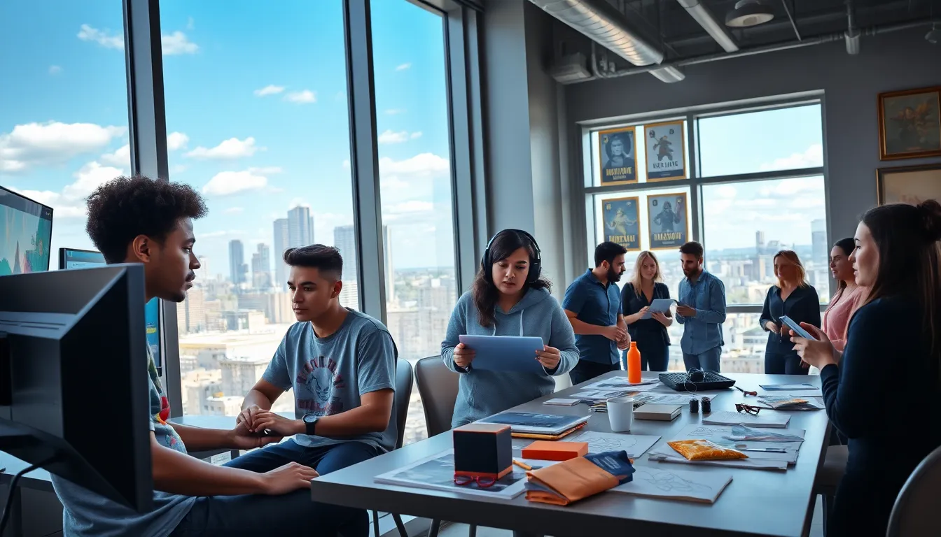 a diverse team of game developers collaborating in a vibrant studio.