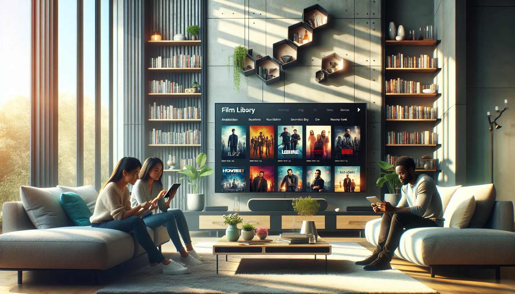 Users exploring films on various devices in a modern living room.