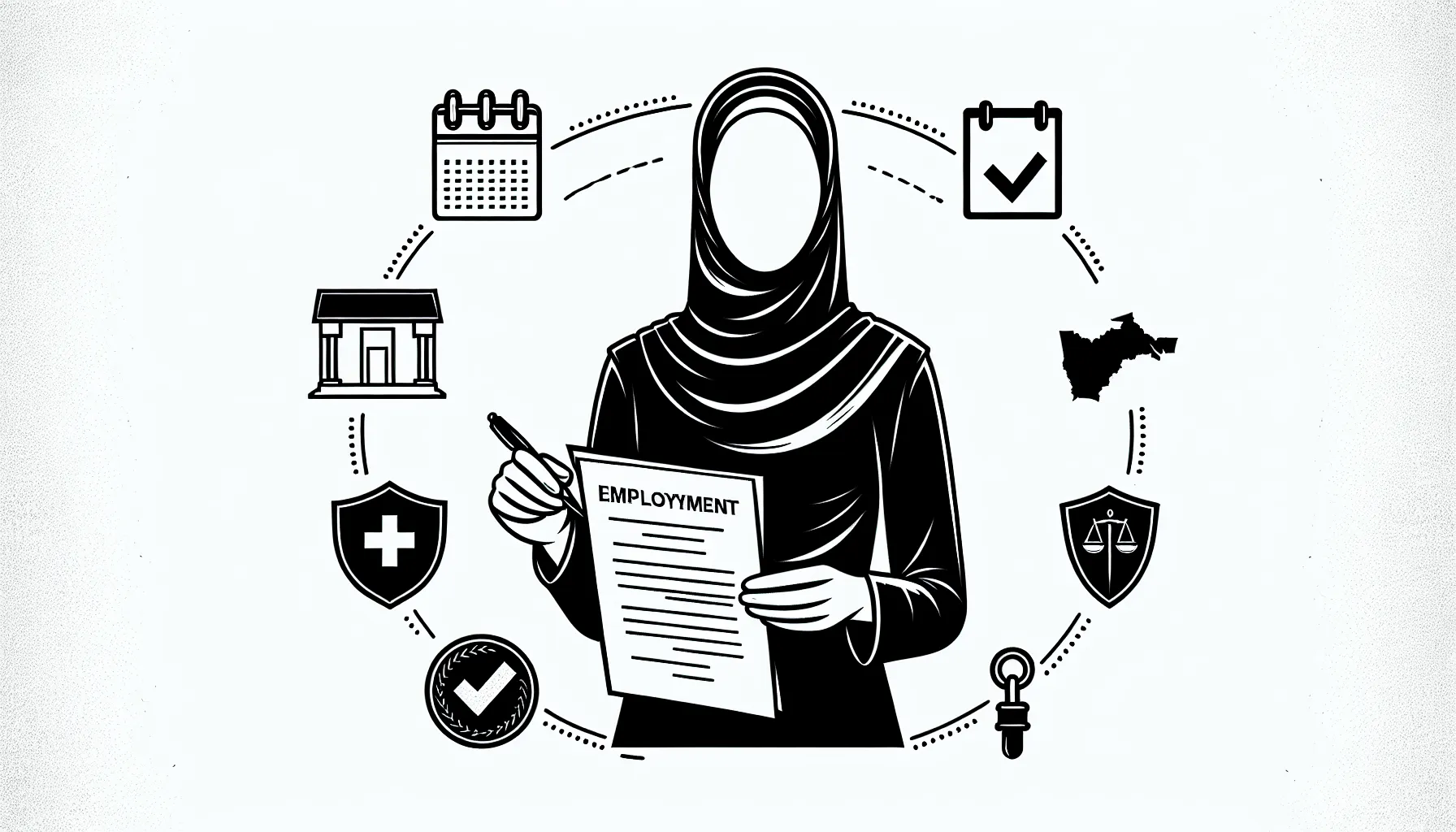 Veterinarian holding a contract surrounded by icons for pay, schedule, insurance, and ownership of Georgia Veterinary Contract Review