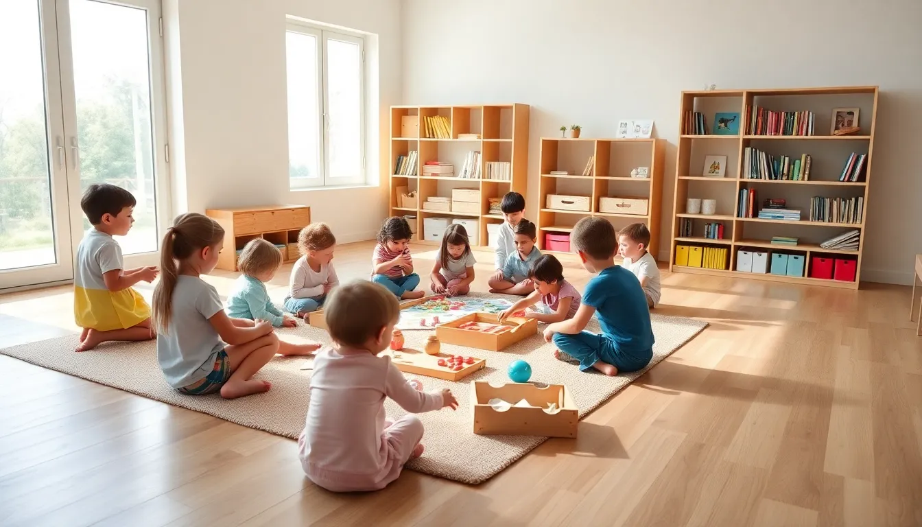diverse children learning in a vibrant Montessori classroom.