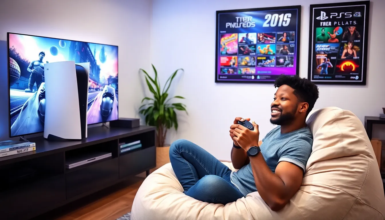 A gamer playing on a PlayStation 5 in a modern living room.