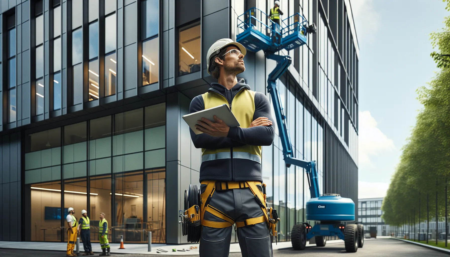 Project manager assessing boom lift work on a tall glass office building façade.