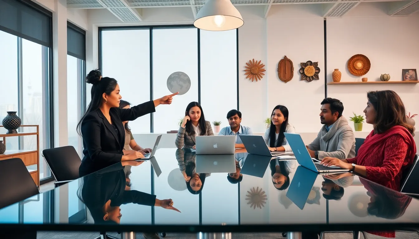 diverse professionals discussing cultural historical significance in a modern office.