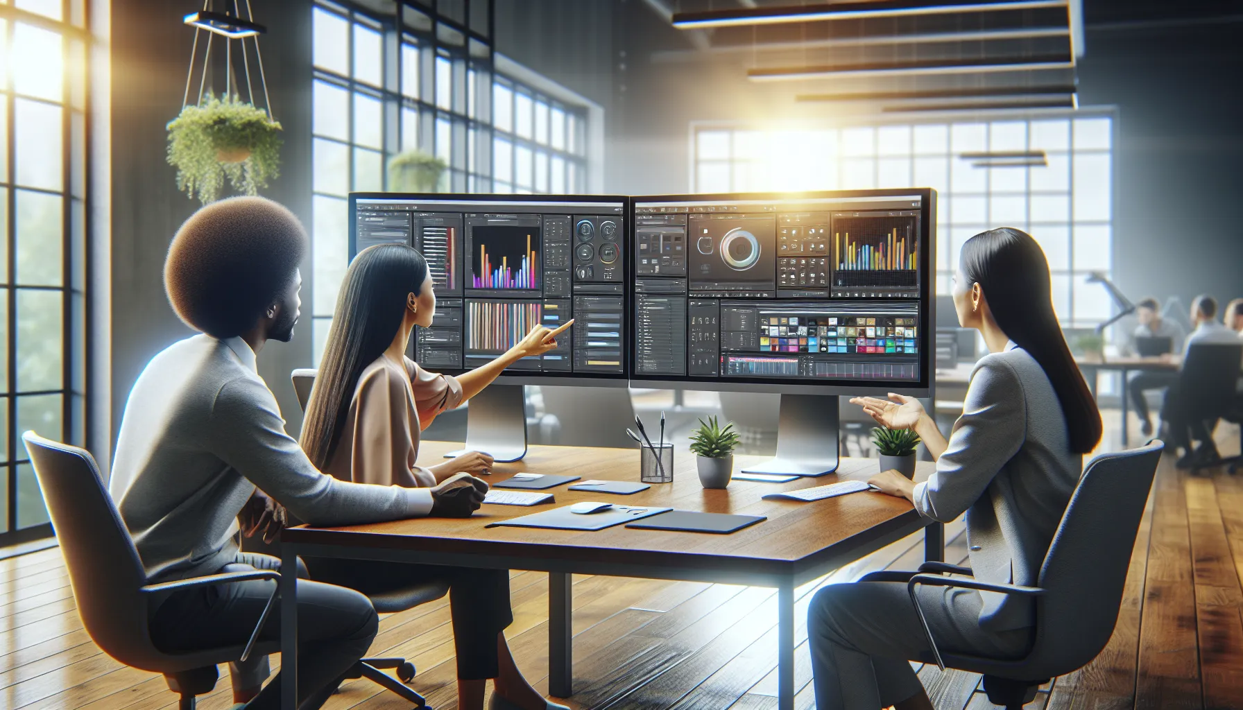 diverse group collaborating at a desk with UStudiosBytes software on screens.