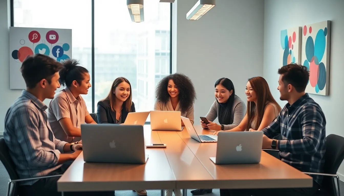 Young professionals discussing in a modern workspace.