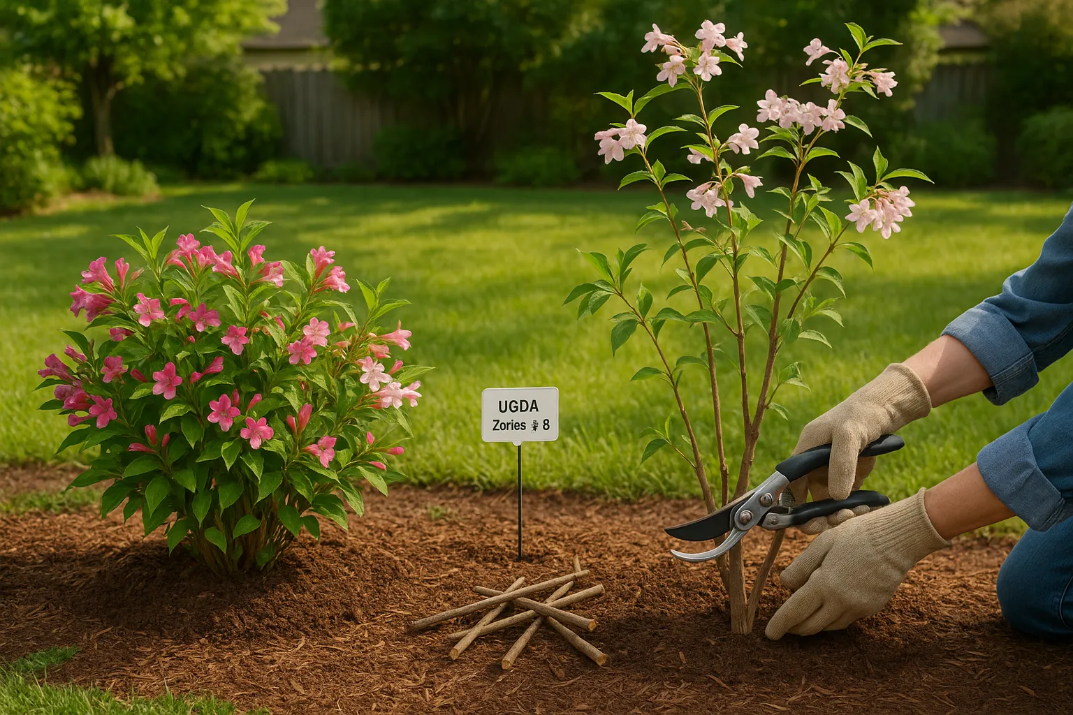 Weigela and Kolkwitzia shrubs side-by-side with gardener pruning Kolkwitzia.