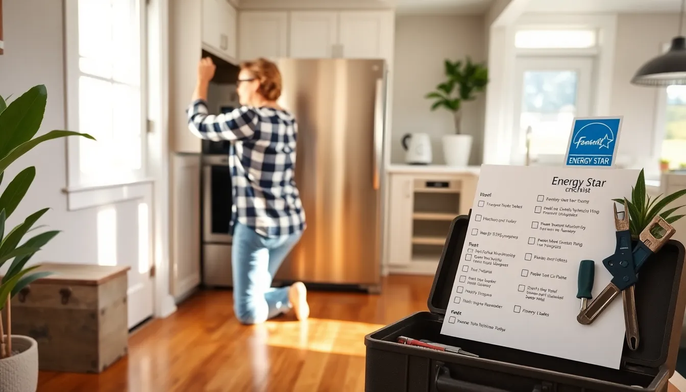 a woman installing an energy-efficient appliance in a sunny kitchen.
