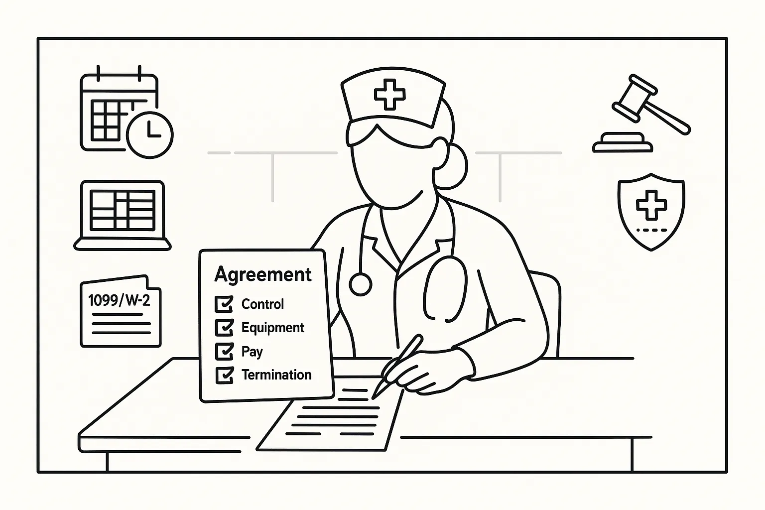 Nurse practitioner reviewing a contract with icons for schedule, EHR, and tax forms of Nurse Practitioner Independent Contractor Agreement Review