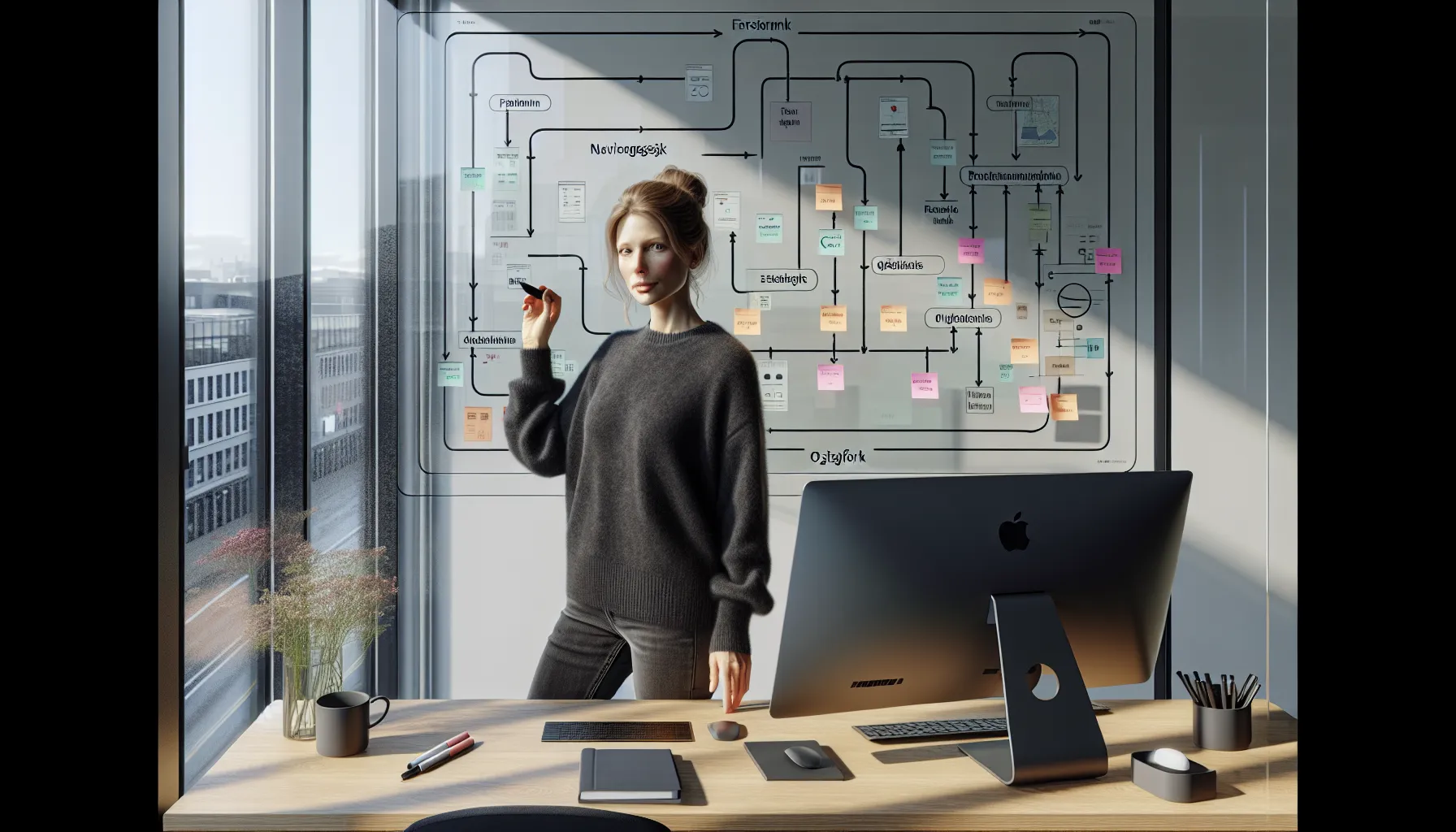 Norwegian UX designer mapping a user journey beside UI prototypes in Oslo office.