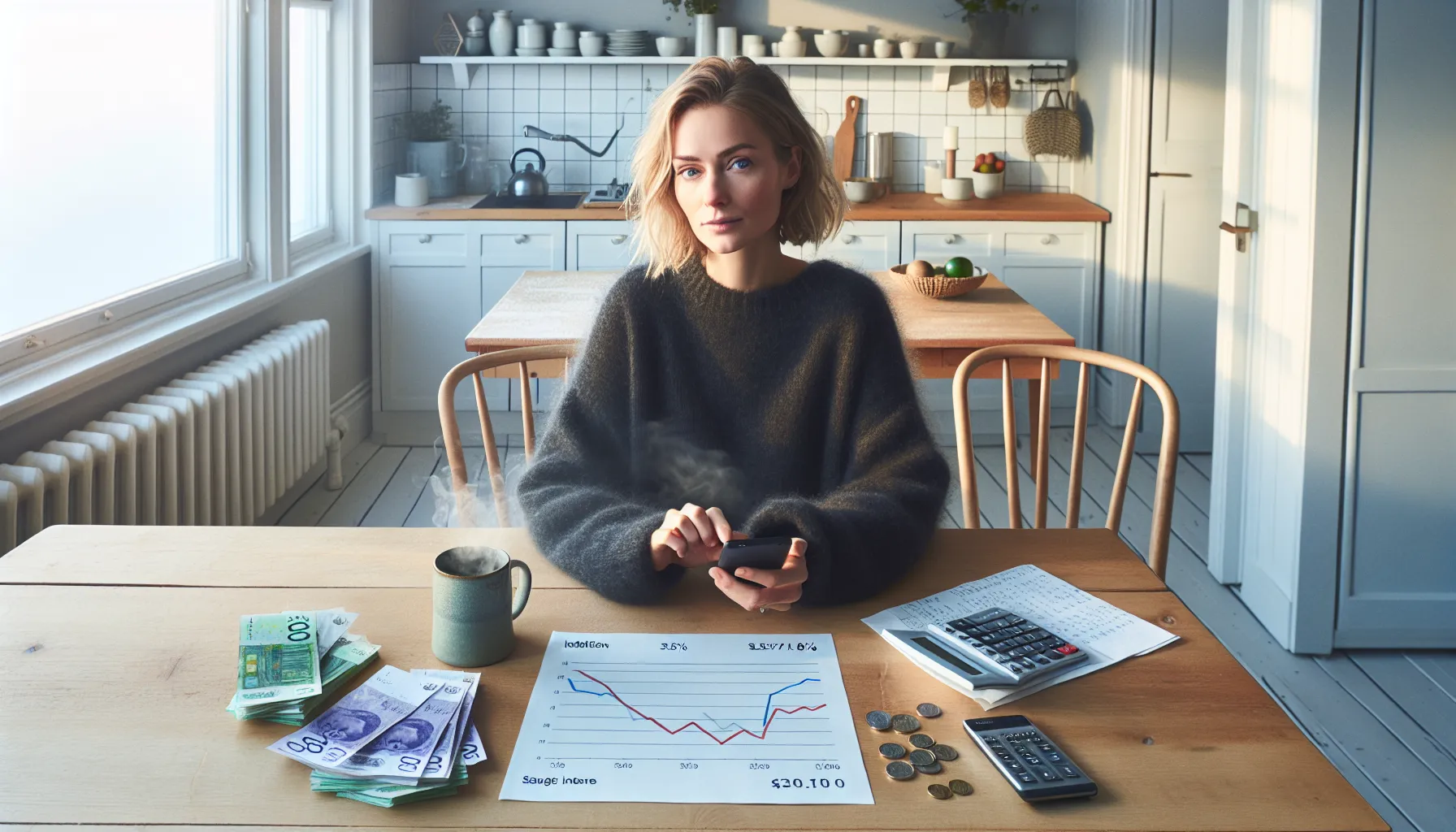 Norwegian woman compares savings interest to inflation at a kitchen table.