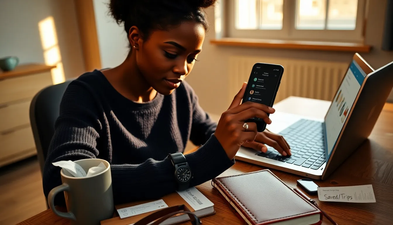 Person tapping a smartphone showing a favorites list beside a laptop and coffee.