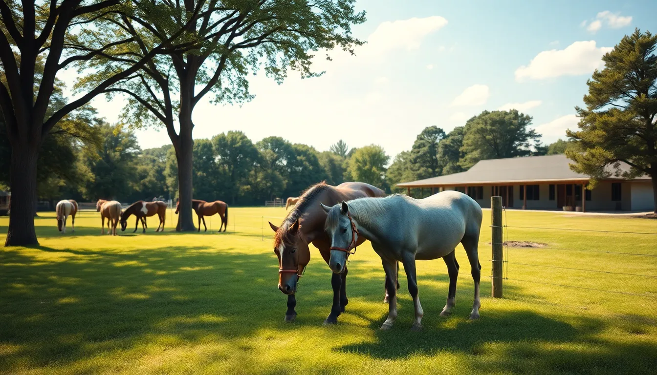 horses socializing in a tranquil retirement home setting.