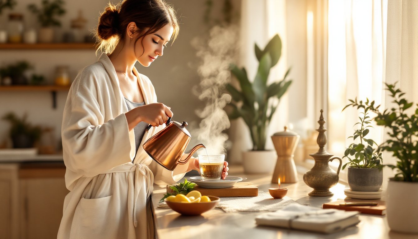 A woman calmly pouring warm water into a glass during a quiet sunlit morning ritual.
